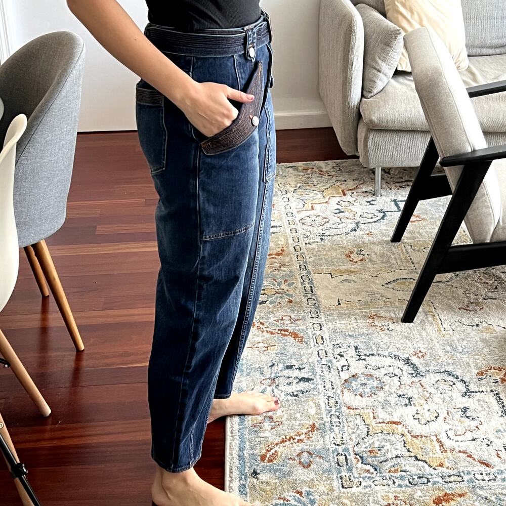 Ulla Johnson Waverly Jeans Size 6 Cotton Belted Dark Wash Blue Embroidered - Picture 13 of 14